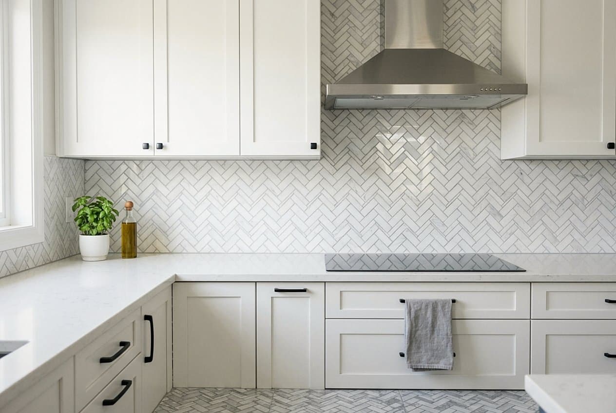 Finished herringbone marble backsplash in bright white kitchen