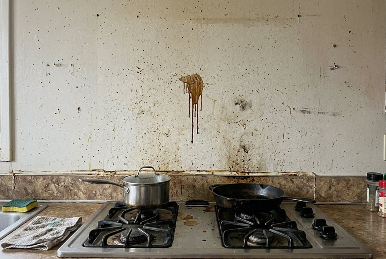 Grease-stained bare wall behind an old gas stove