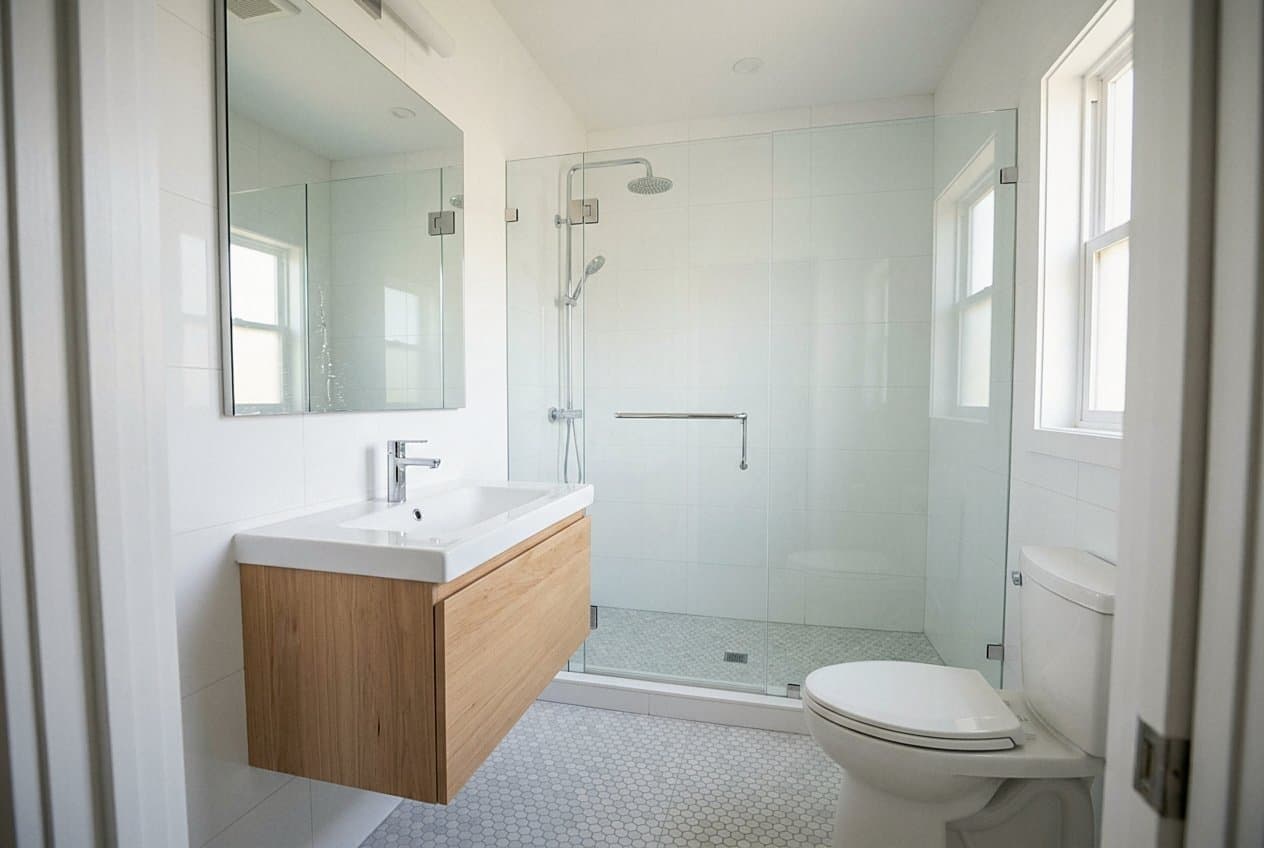 Finished white bathroom with glass shower and floating vanity