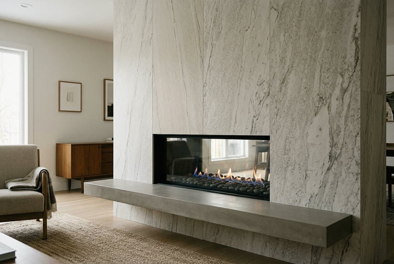 Modern marble-look tile fireplace with floating concrete hearth