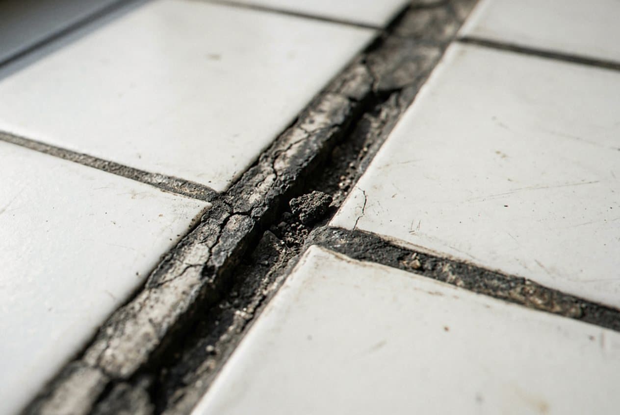 Deeply cracked crumbling grout between dirty white tiles