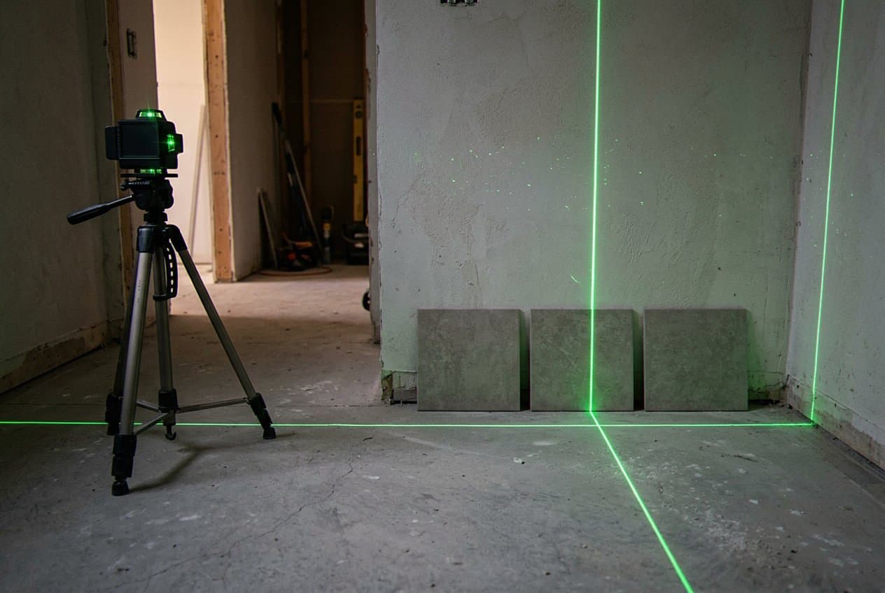 Green laser layout lines guiding tile placement on wall