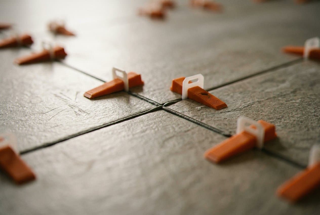 Orange leveling clips holding gray floor tile joints