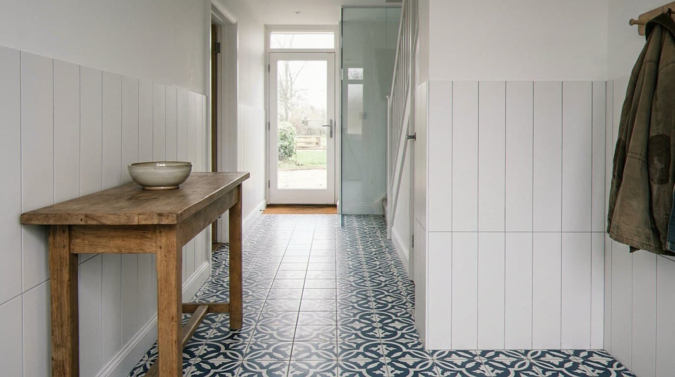 Patterned blue tile floor down a white paneled hallway