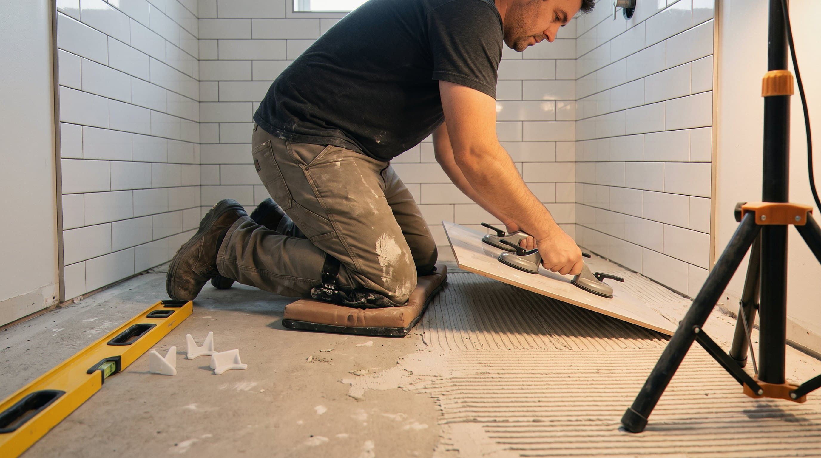 Installer setting a large tile with suction handles