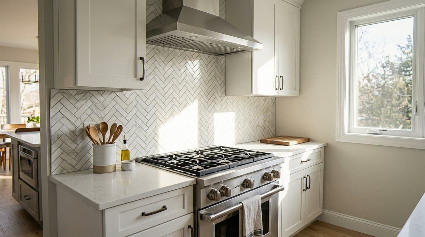 Bright white kitchen with herringbone marble tile backsplash