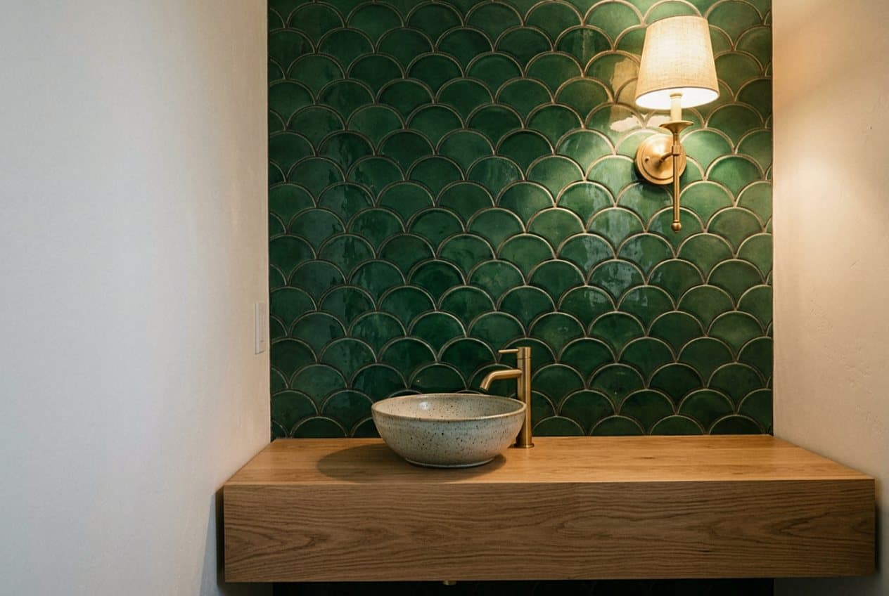 Green scalloped tile accent wall behind a vessel sink