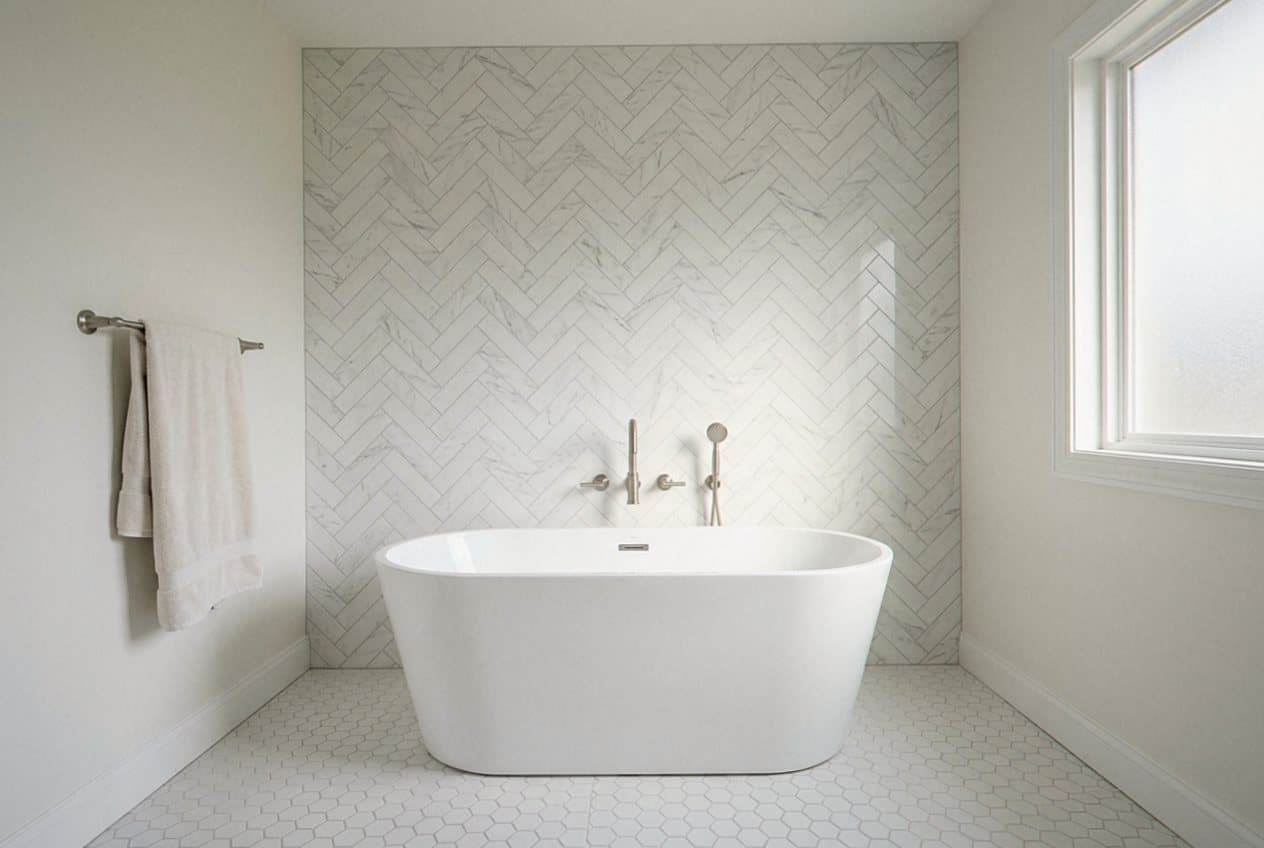Freestanding tub with herringbone tile wall and hex floor
