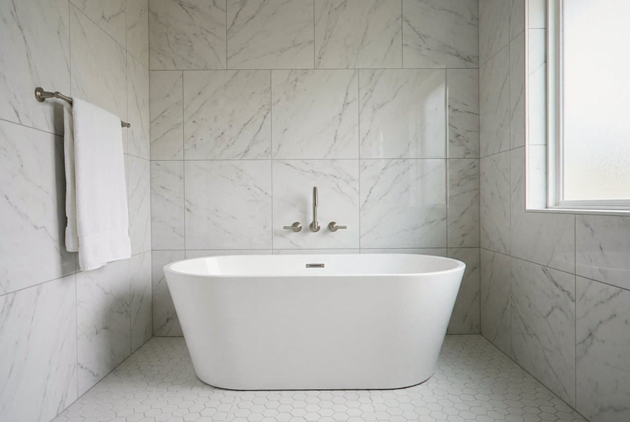 Marble-tiled bathroom remodel with soaking tub and hex floor