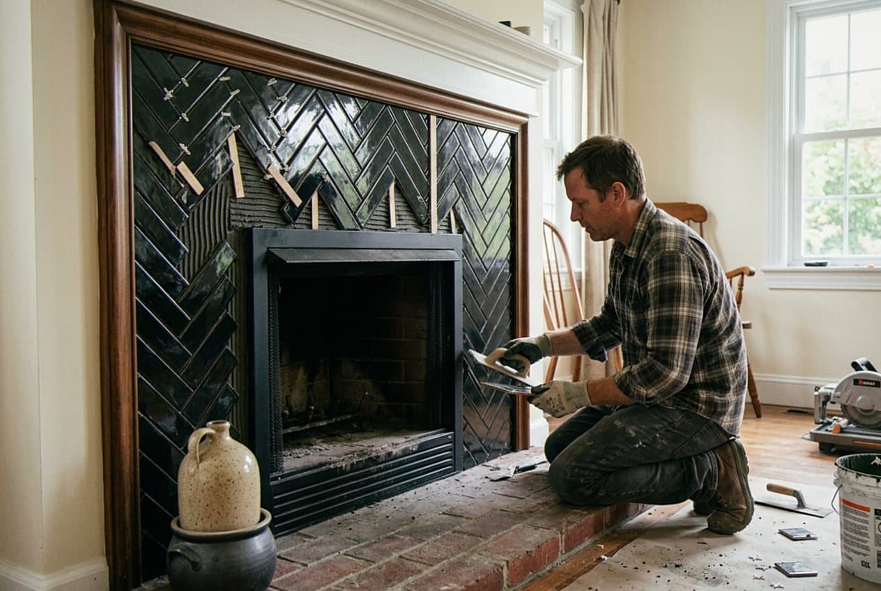 Installer setting black herringbone tile on a fireplace
