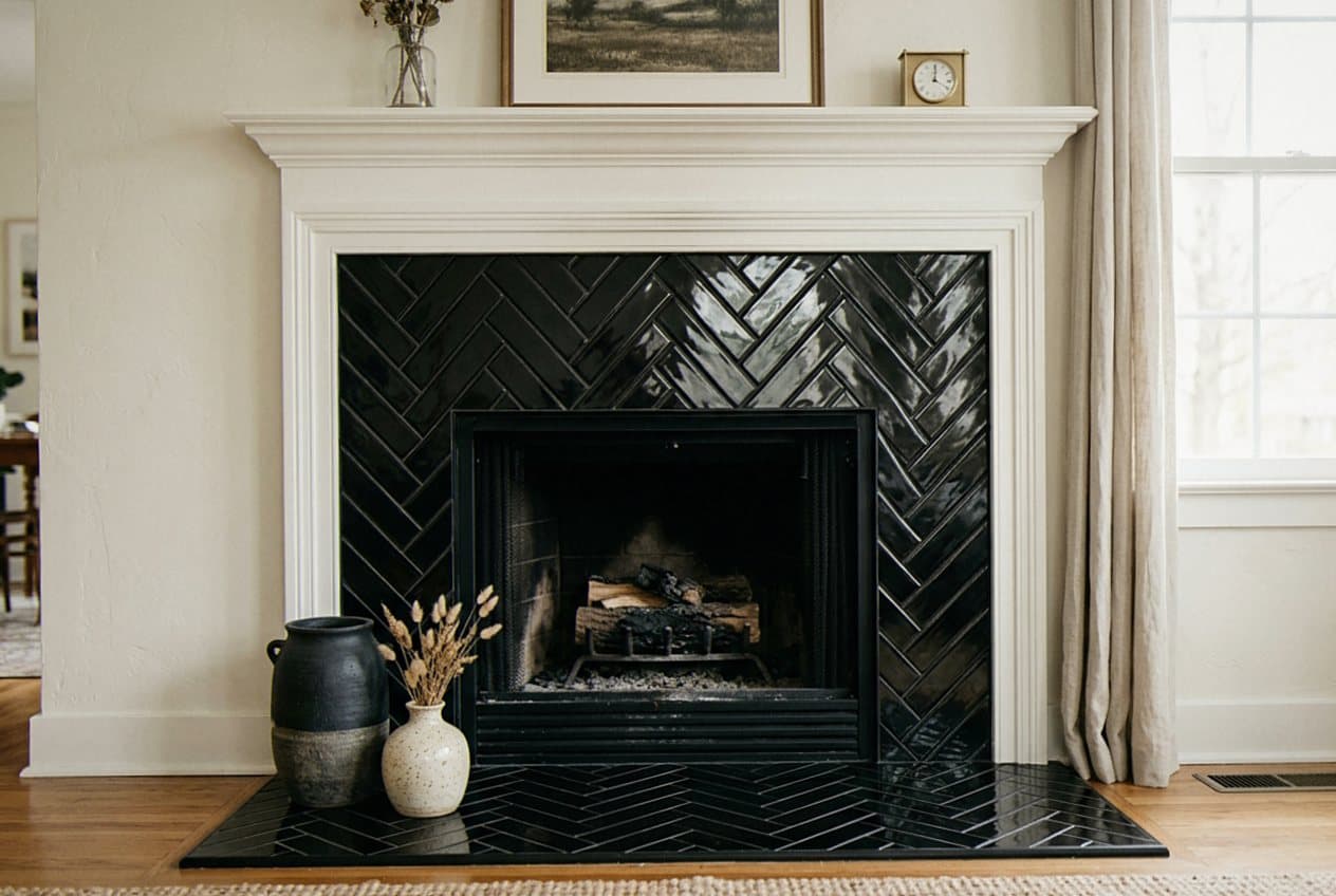 Finished black herringbone tile fireplace surround with mantel