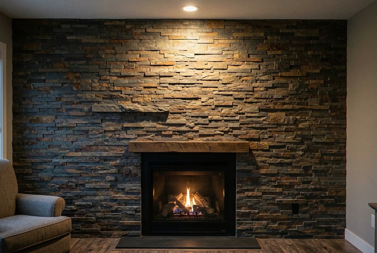 Stacked slate tile fireplace wall with wood mantel