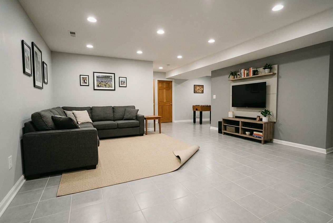 Gray tile floor in a finished basement rec room