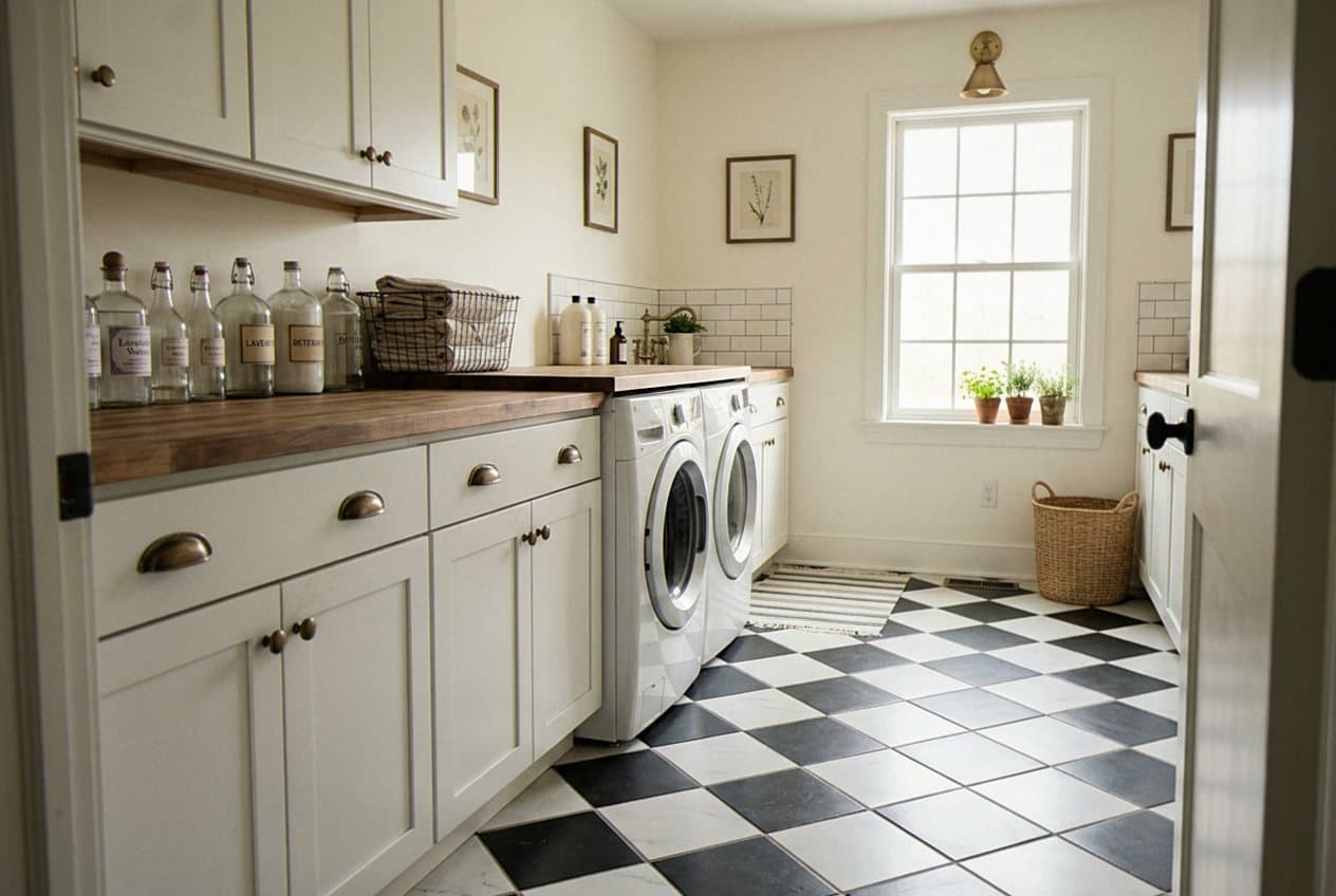 Black and white checkerboard tile floor in laundry room