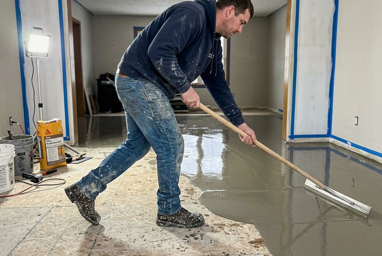 Worker troweling self-leveling underlayment across a subfloor