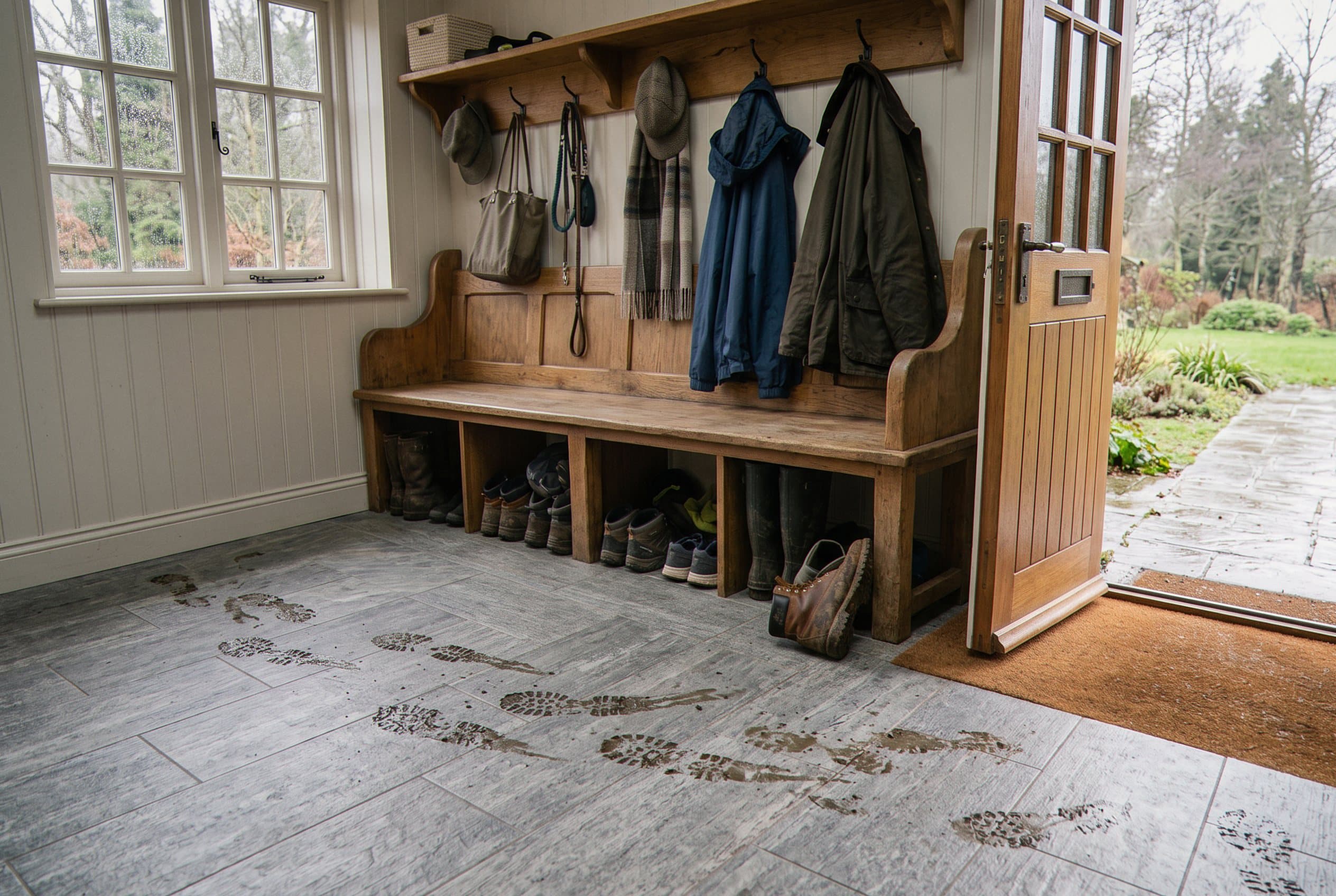 Muddy boot prints on gray wood-look mudroom tile floor