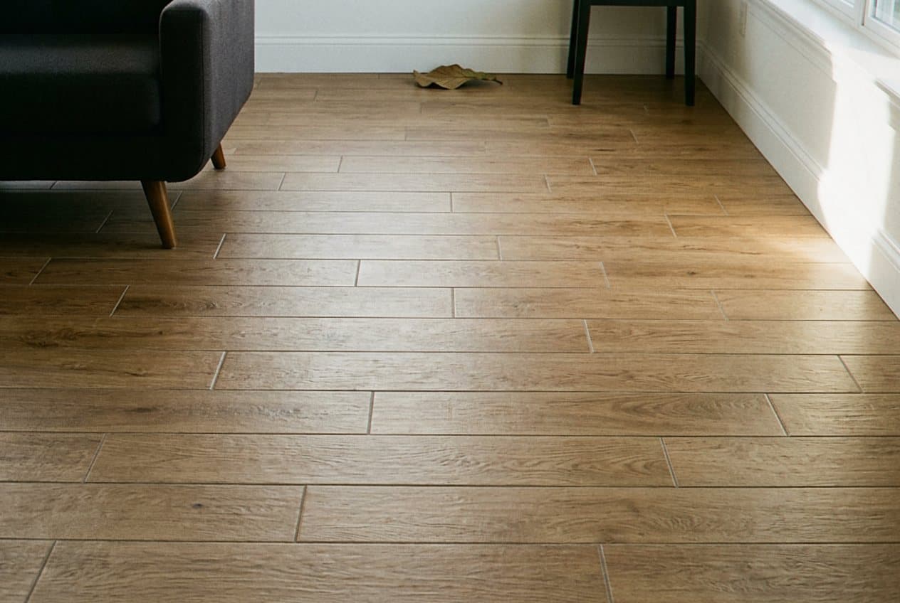 Wood-look plank tile floor in a bright living room