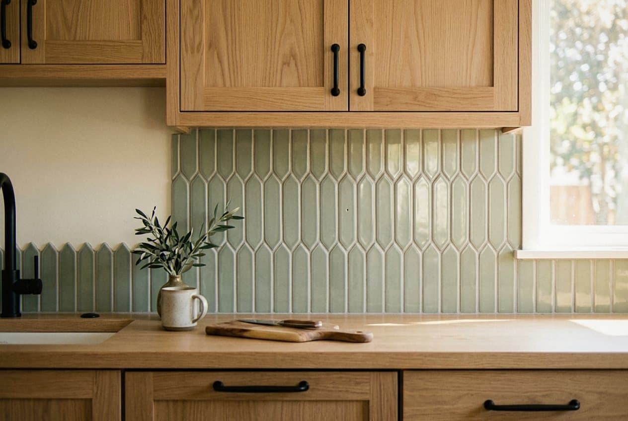 Sage green picket tile backsplash behind kitchen sink
