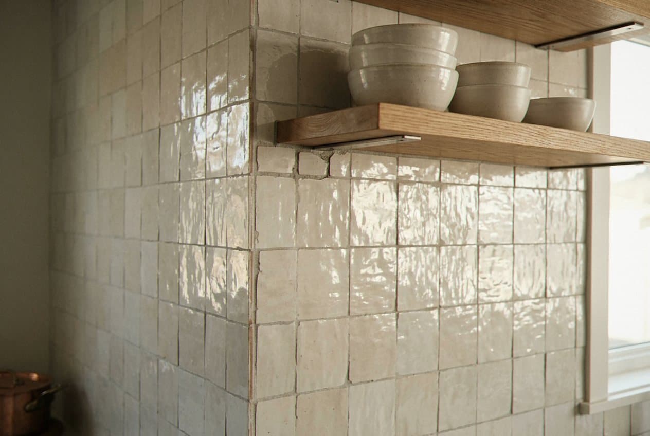Glossy square handmade tile corner with open wood shelf