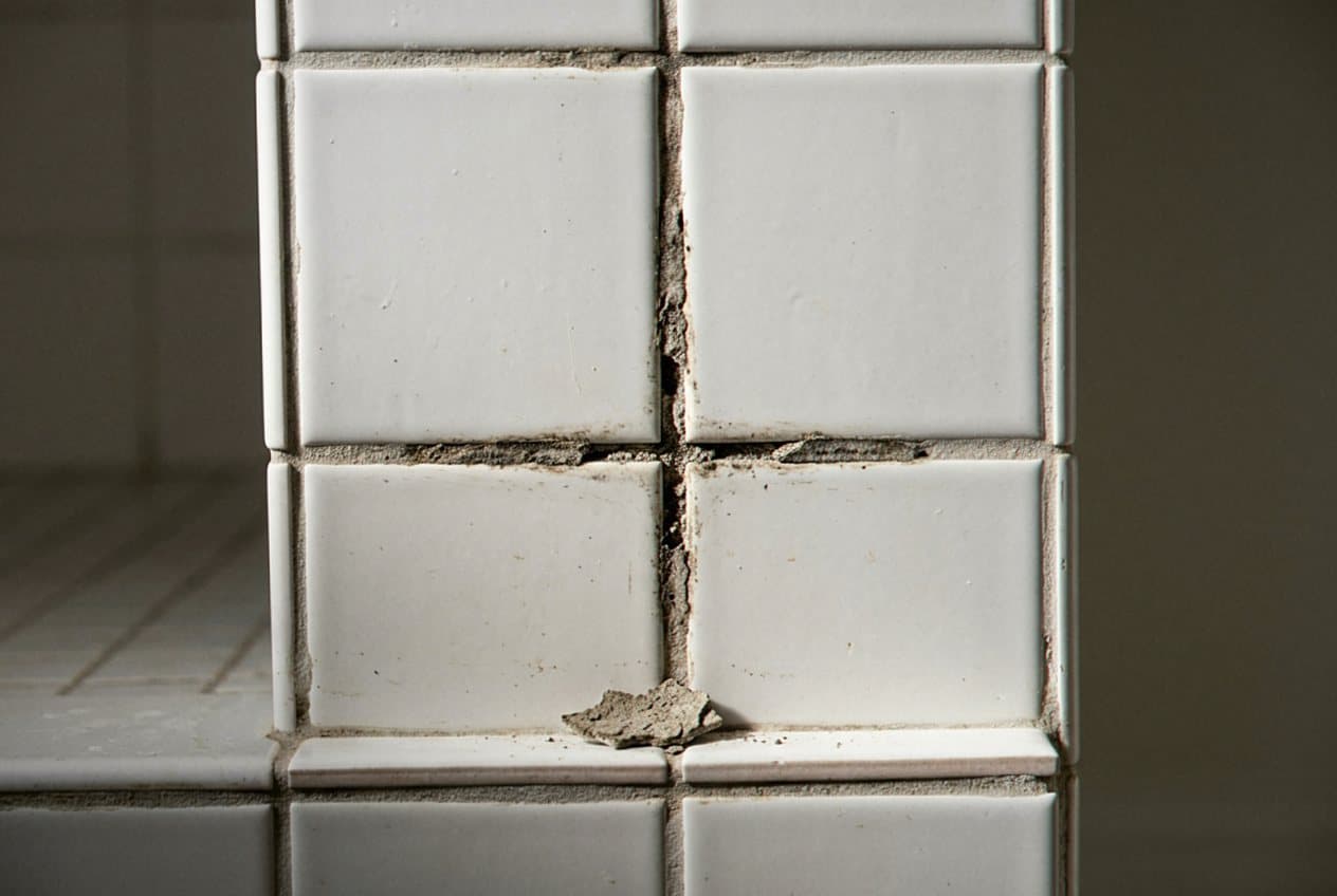 Cracked grout joint corner on white wall tile