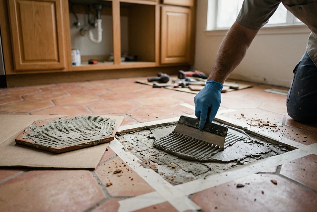 Installer troweling thinset to reset a hexagon floor tile