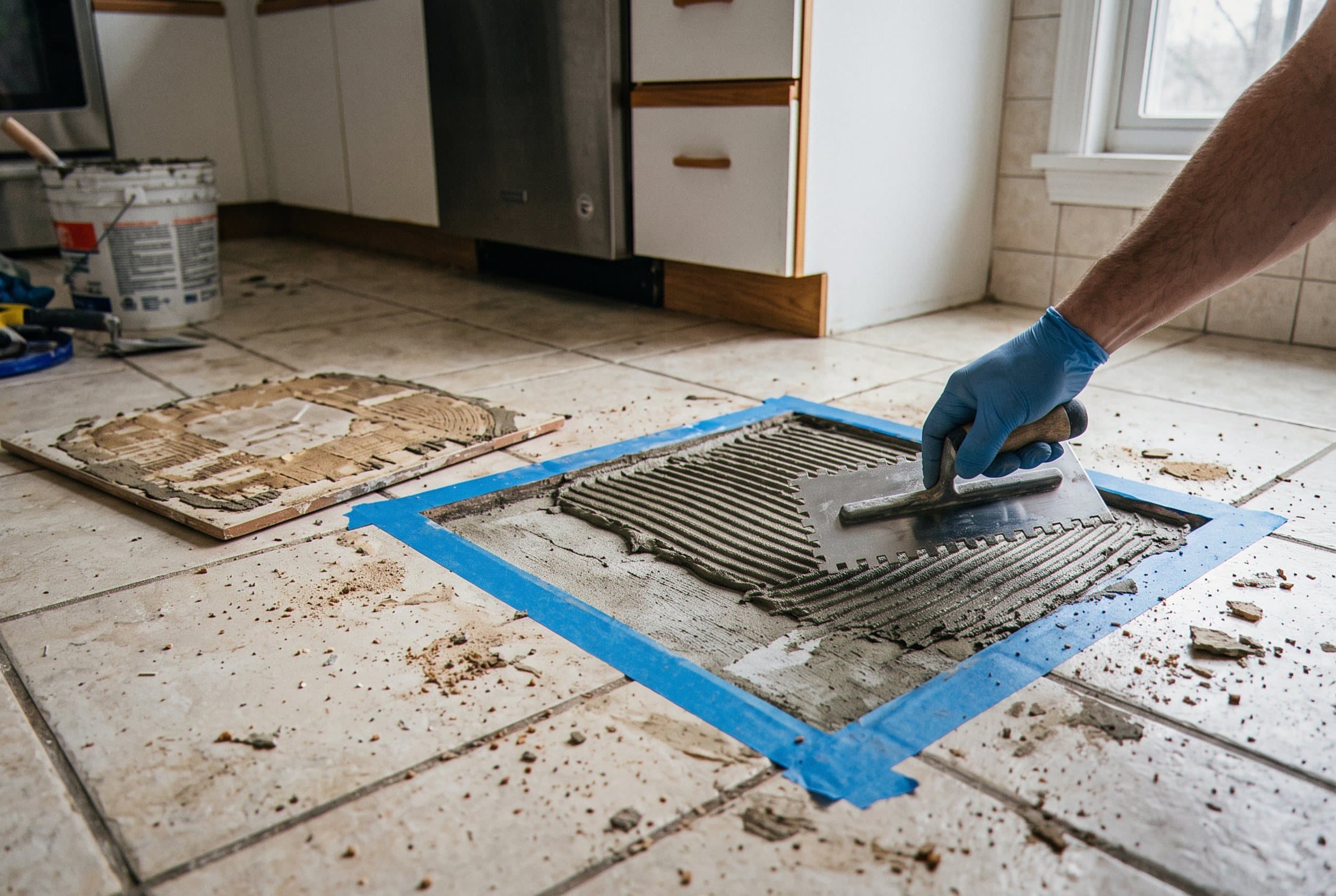 Installer thinsetting a taped-off floor tile repair patch