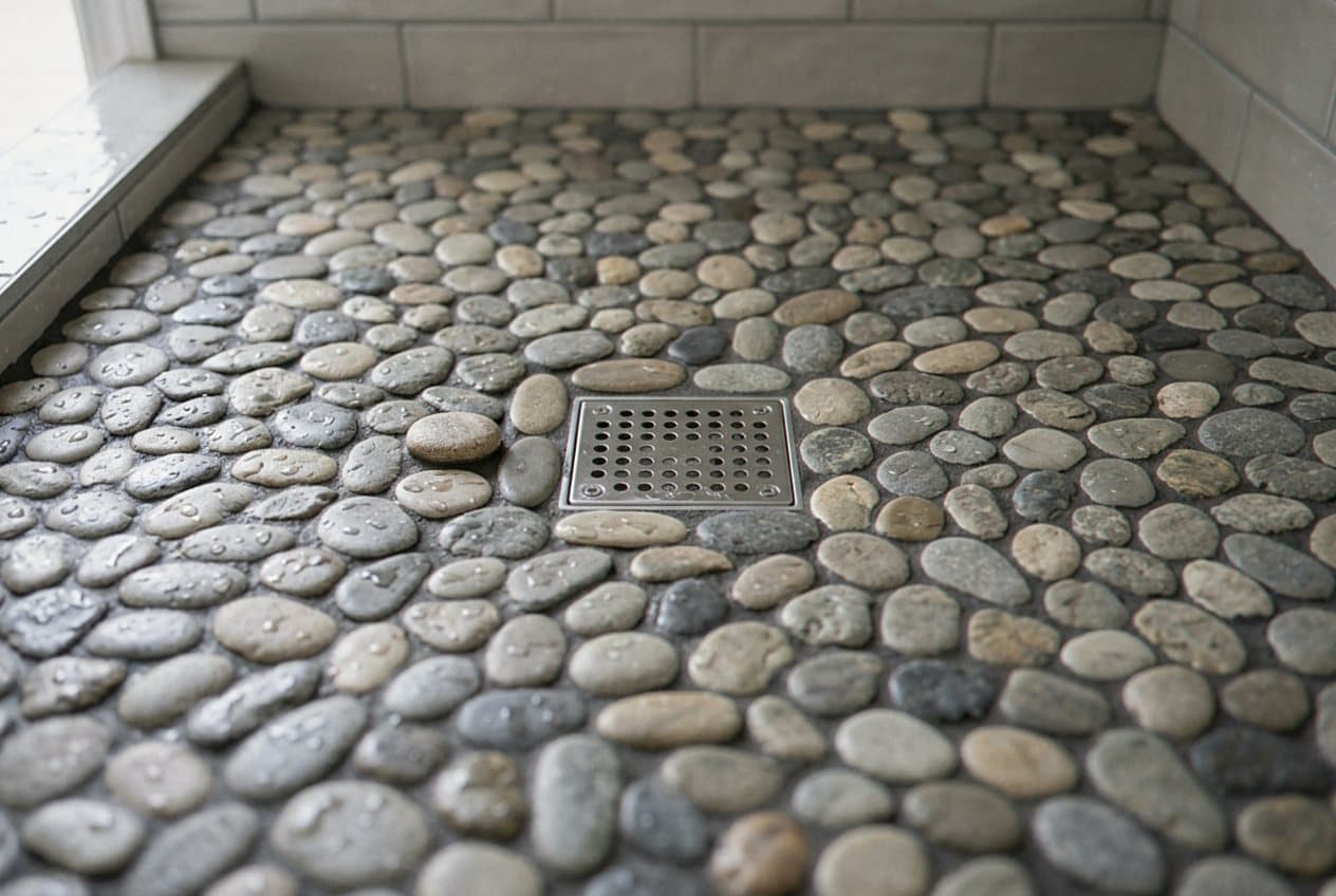 River pebble mosaic shower floor with square drain