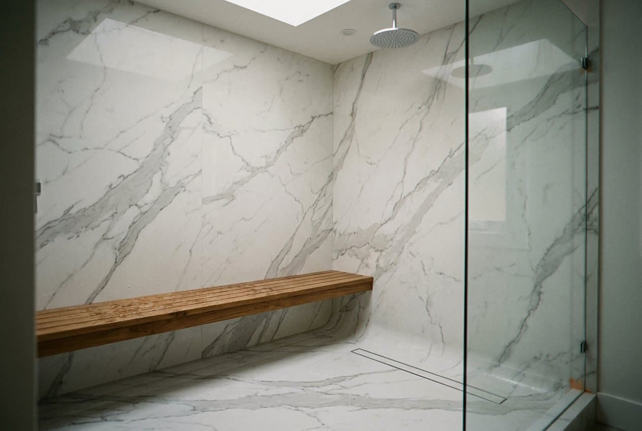 Marble-look walk-in shower with teak bench and skylight