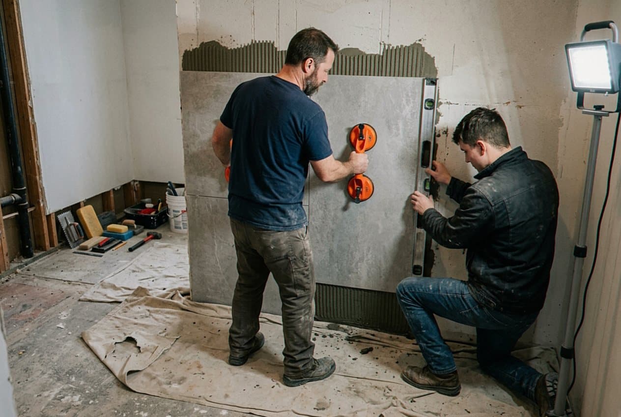 Two installers leveling a large tile wall panel